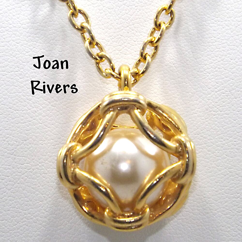 Joan Rivers Faux Caged Pearl Pendant Necklace, Gold Plated, 1990s, 29 In